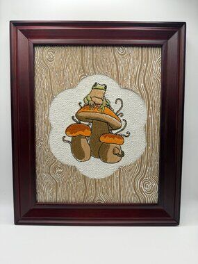 Homemade Frog On Mushroom 8X10 Framed Embroidery Art